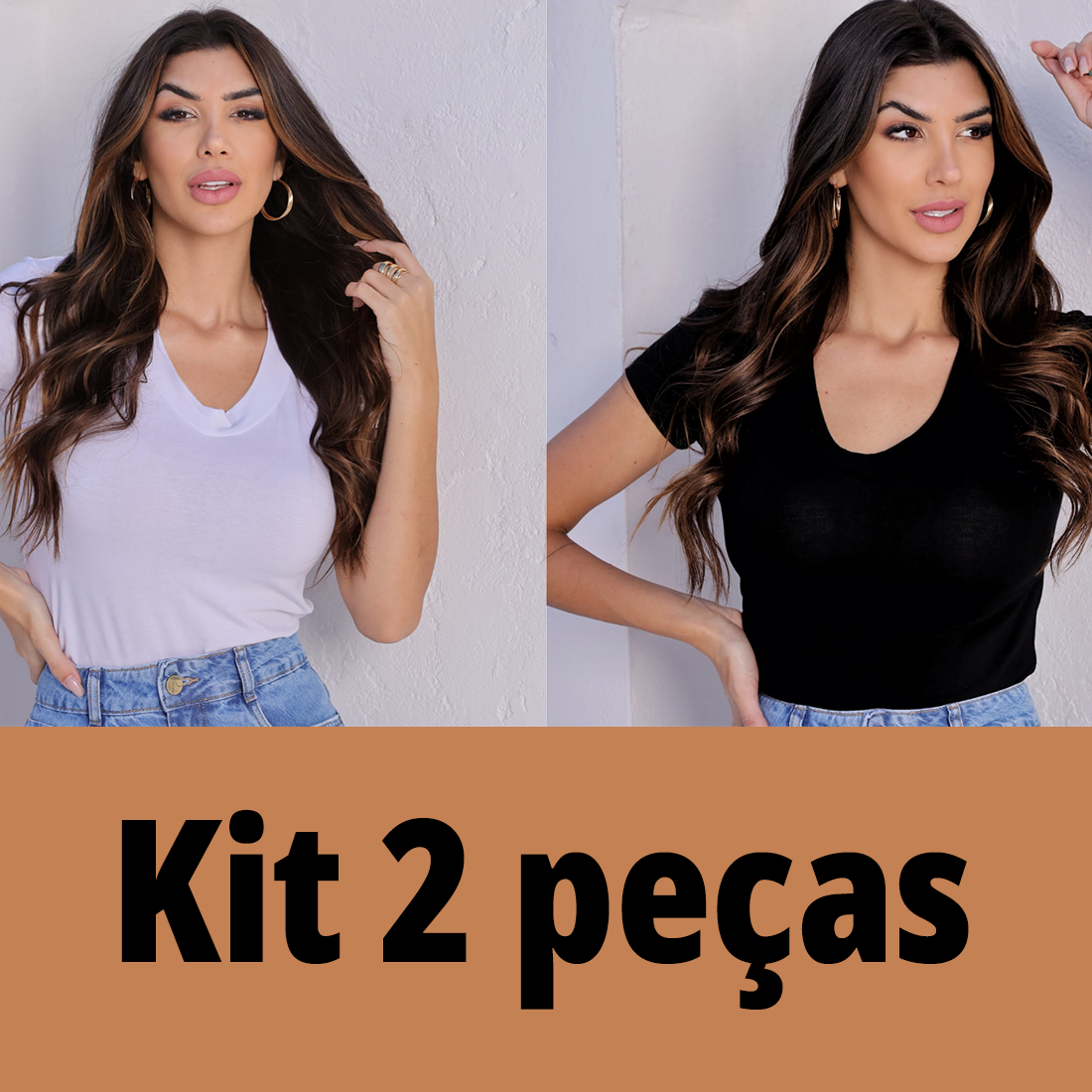 Kit 2 Blusa Feminina Camiseta Gola V T-SHIRT Viscolycra manga curta