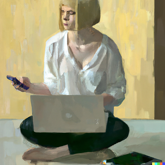 DALL·E 2023-03-09 10.19.13 - Oil Painting, Social Media Managerin with blond hair and a bo