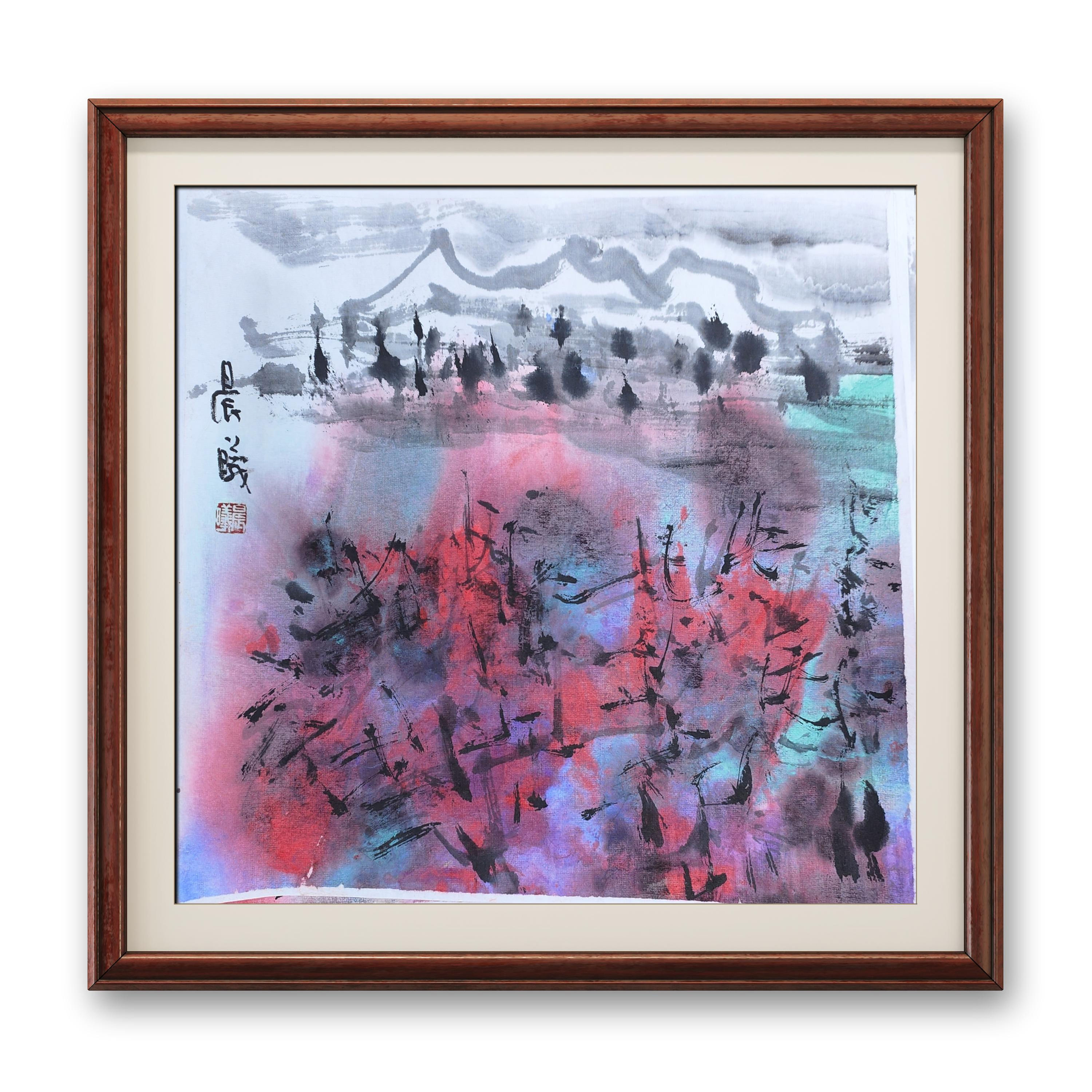 Painting of Colorful Forests and Distant Mountains