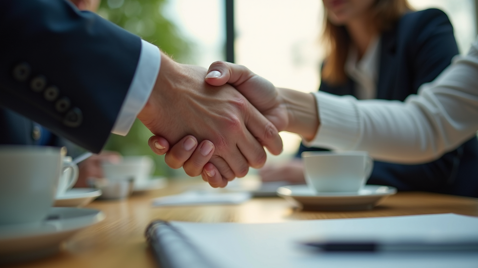 Close-up of a professional shaking hands over a breakfast meeting table