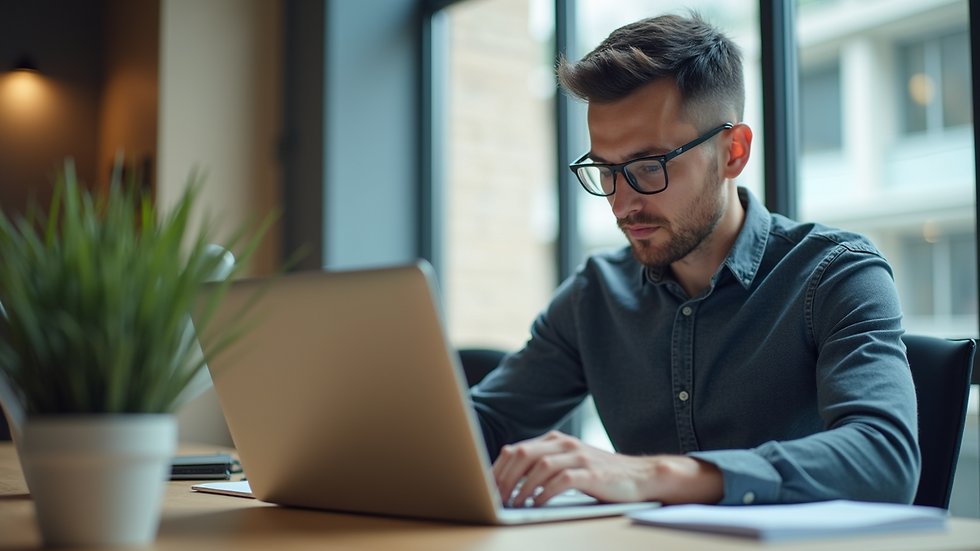 Eye-level view of a founder working on a laptop in a modern office