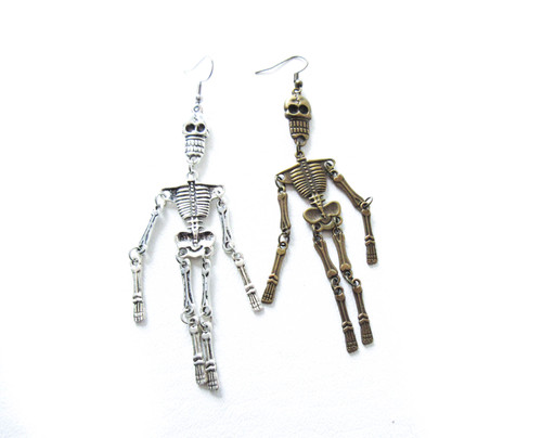 Articulated Skeleton Earrings Brass or Silver Tone | Final Girl Designs