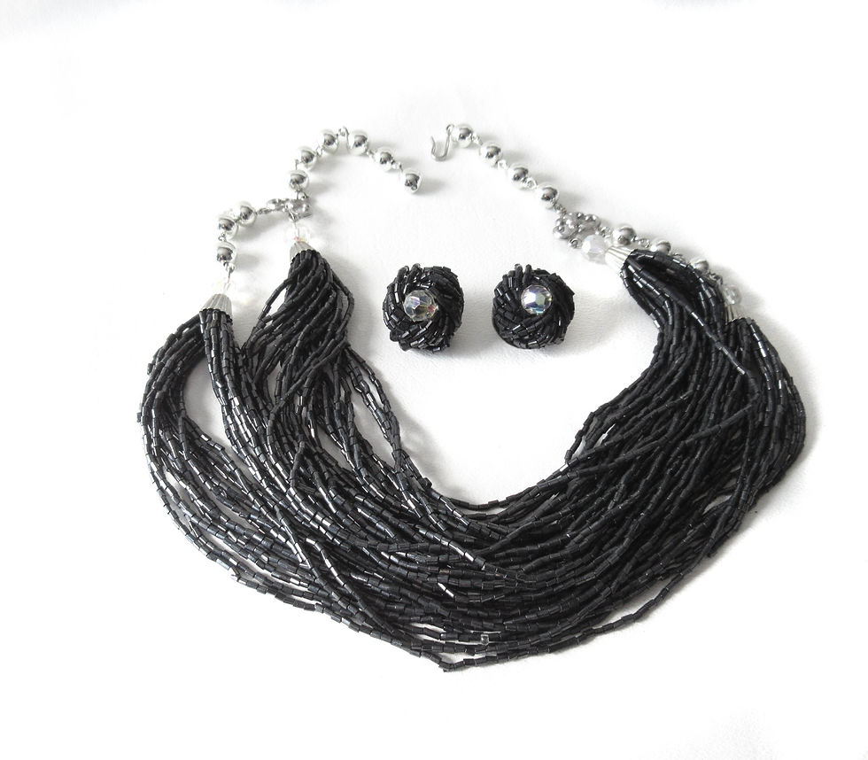 Vintage Black Seed Bead Necklace and Earring Set