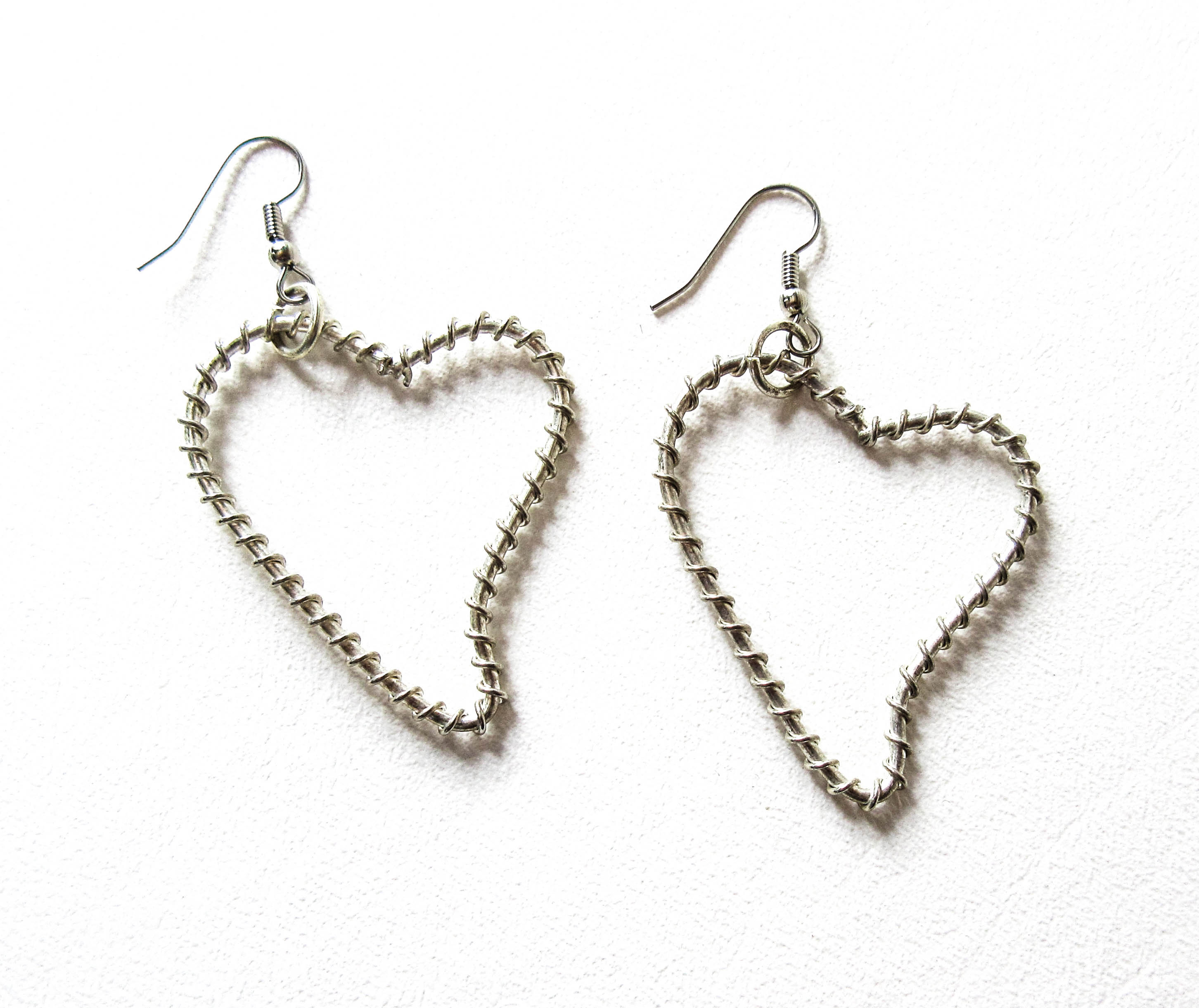 Silver Tone Wire Wrapped Heart Earrings