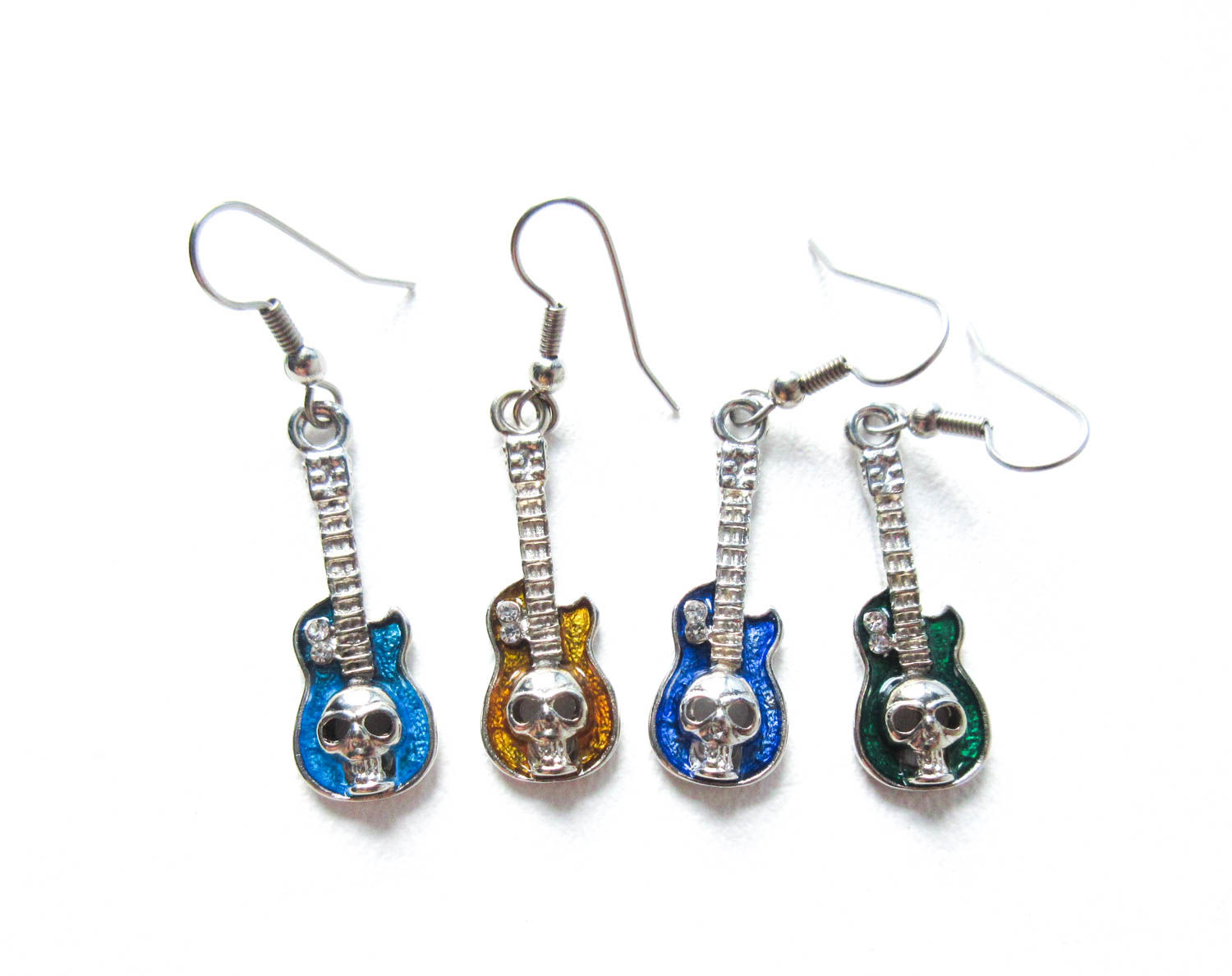 Enamel Skull Guitar Earrings with Rhinestone Accents