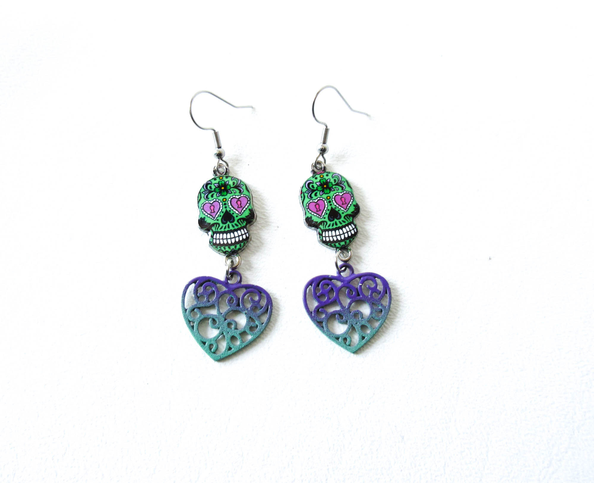 Ombre Heart and Sugar Skull Earrings