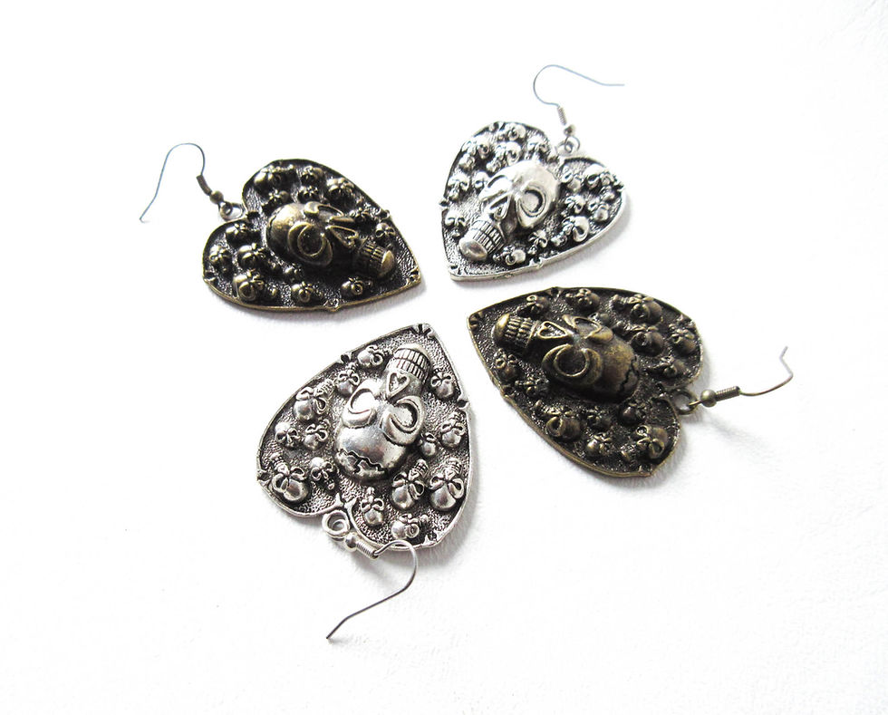 Thumbnail: Large Skull Heart Earrings Silver or Antique Brass