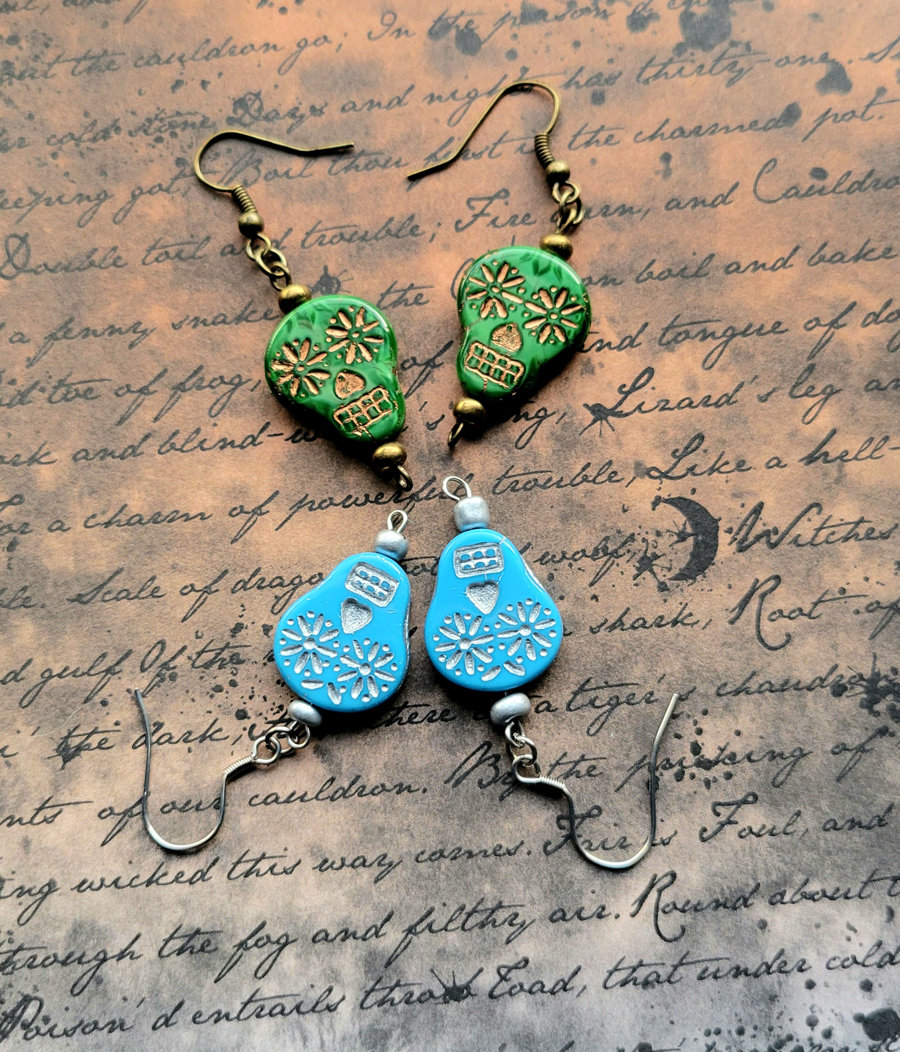 Metallic Sugar Skull Earrings Green or Blue