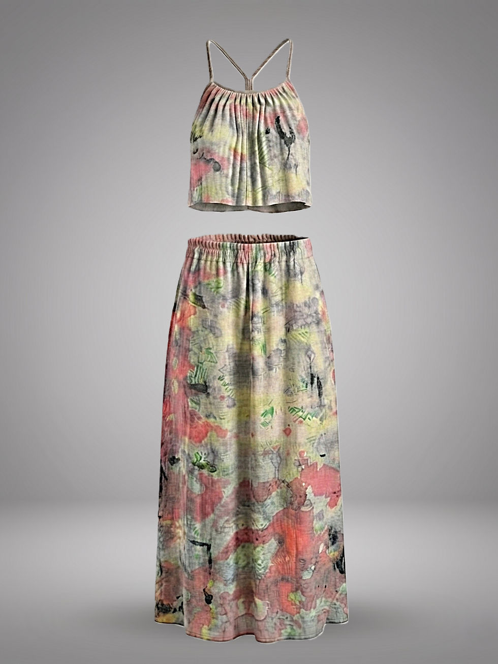 Handpainted bohemian crop top and maxi skirt set crafted from a white viscose maxi dress, The Gradient set by NYIANSU.