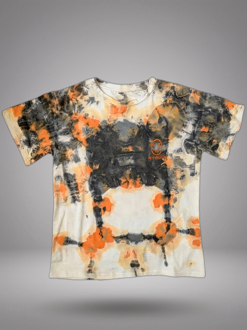 Nyiansu charcoal grey and orange oversized tie-dye t-shirt with traditional Adinkra symbol design.