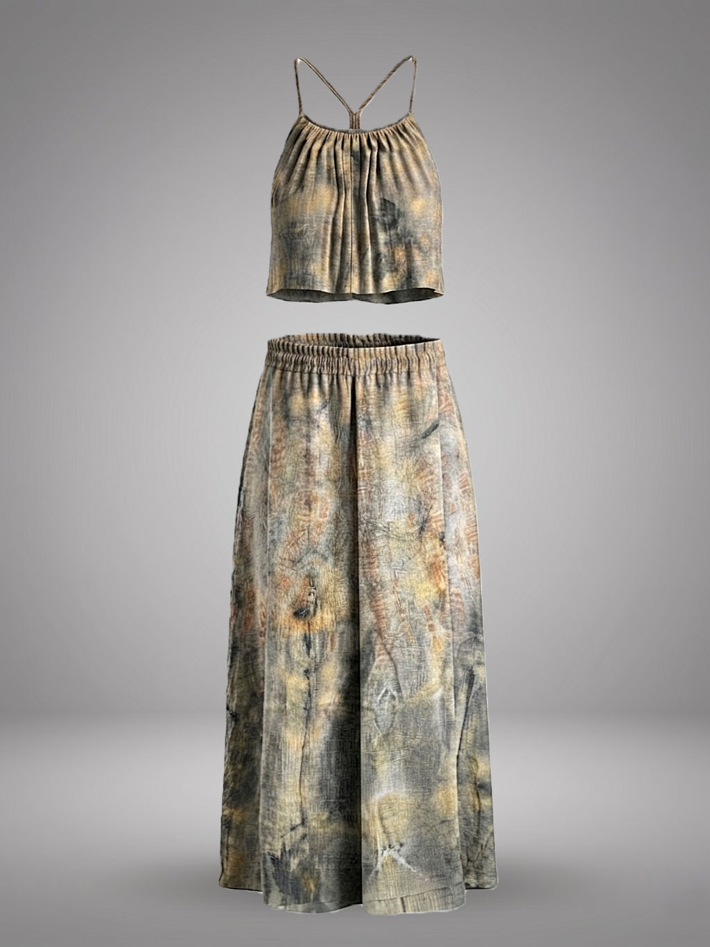Handpainted upcycled viscose two-piece set featuring a cropped halter top and maxi skirt in earthy, hand-dyed tones.