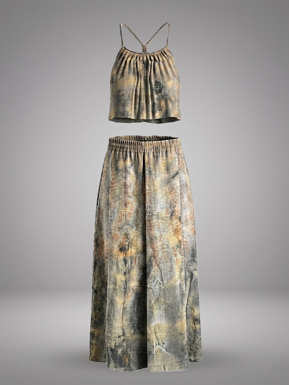 Handpainted upcycled viscose two-piece set featuring a cropped halter top and maxi skirt in earthy, hand-dyed tones.