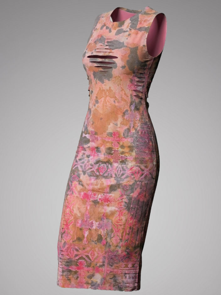 Handcrafted midi bodycon dress by Nyiansu, featuring a sunset-toned tie-dye pattern and hand-cut slash details.