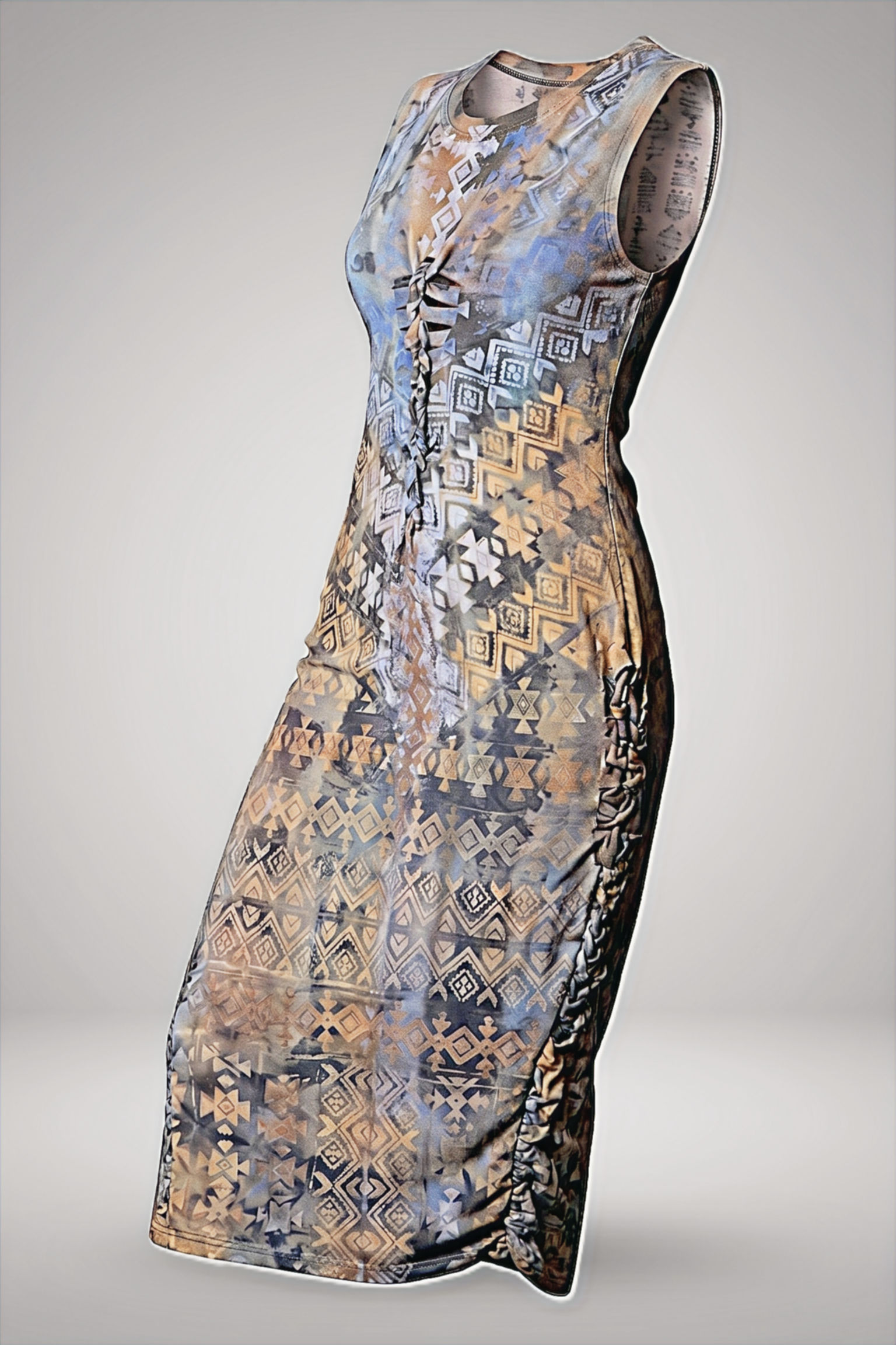 Handcrafted midi bodycon dress by Nyiansu, featuring blue and earthy bogolan-inspired symbols and hand-braided details.