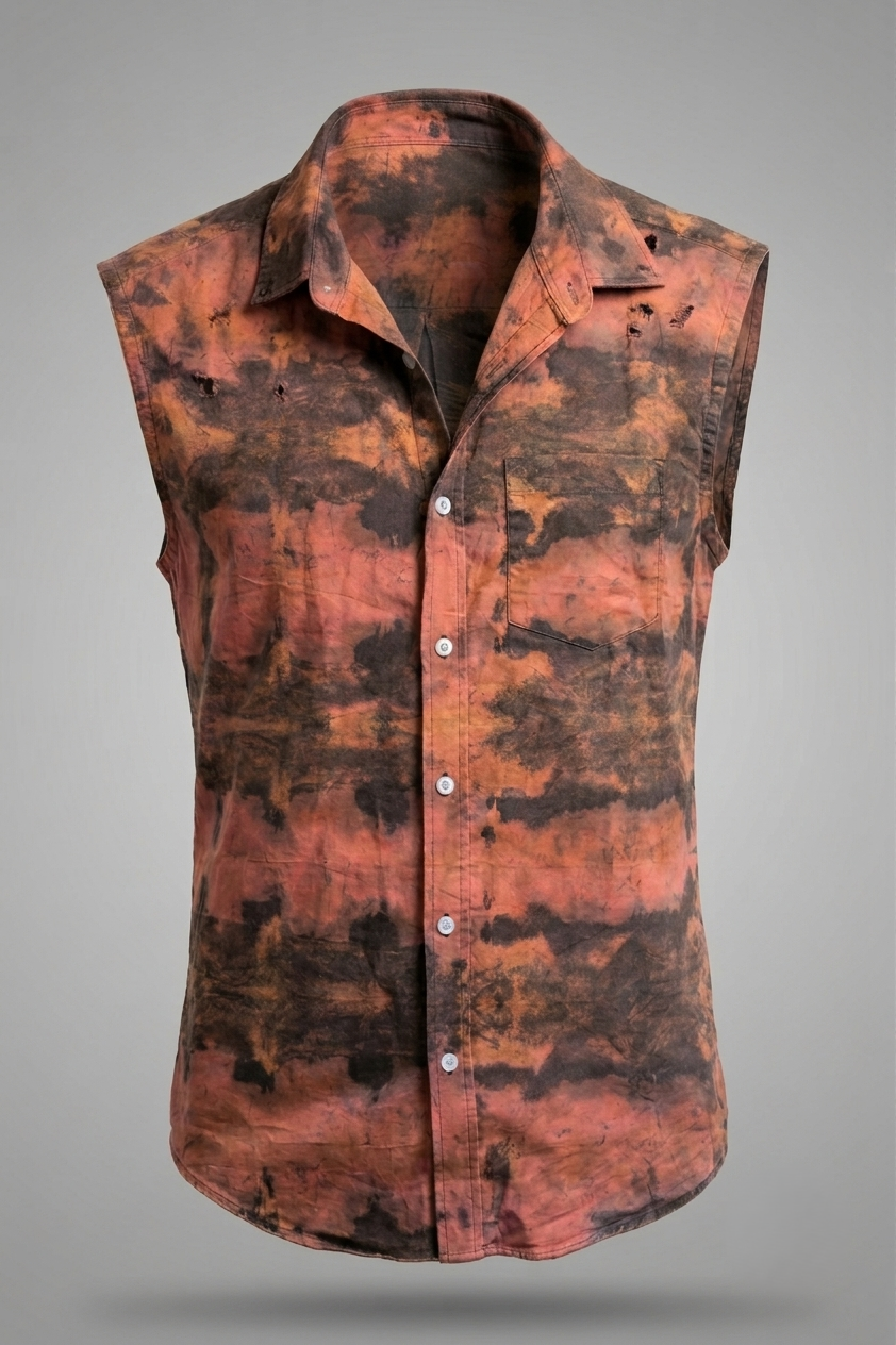Genderless sleeveless distressed shirt with fiery orange and charcoal Adire hand-dyed magma patterns, front and back.