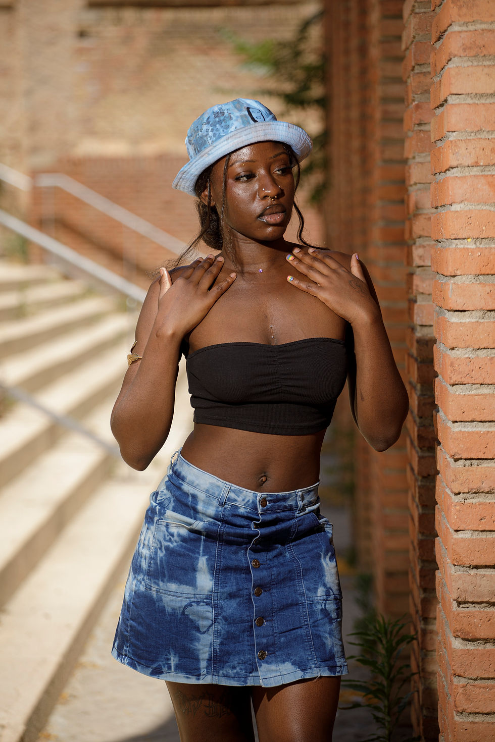 The Astral Skirt by NYIANSU: Highcycled indigo blue denim skirt, bleached with Adire Oniko method.