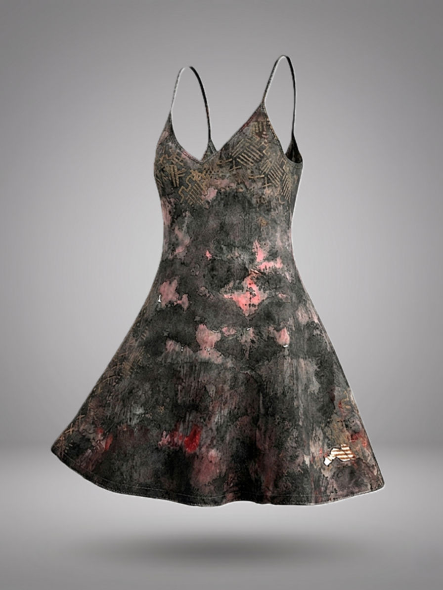 The Midnight Ritual Dress by Nyiansu: a unique, highcycled A-line slip dress with artistic charcoal and crimson patterns.
