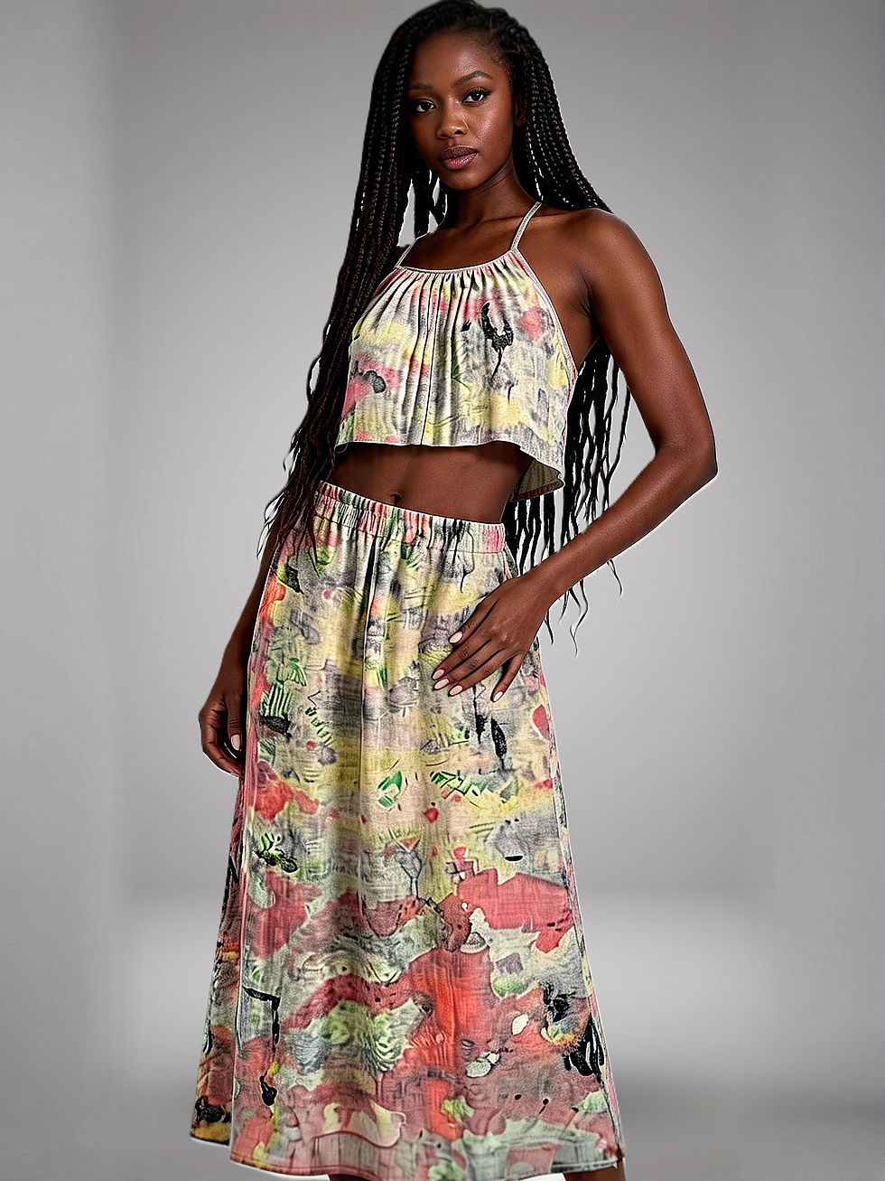 Handpainted bohemian crop top and maxi skirt set crafted from a white viscose maxi dress, The Gradient set by NYIANSU.