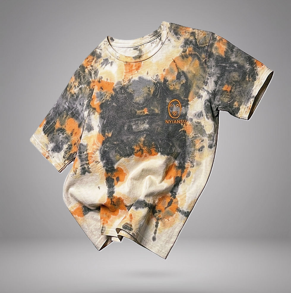 Nyiansu charcoal grey and orange oversized tie-dye t-shirt with traditional Adinkra symbol design.