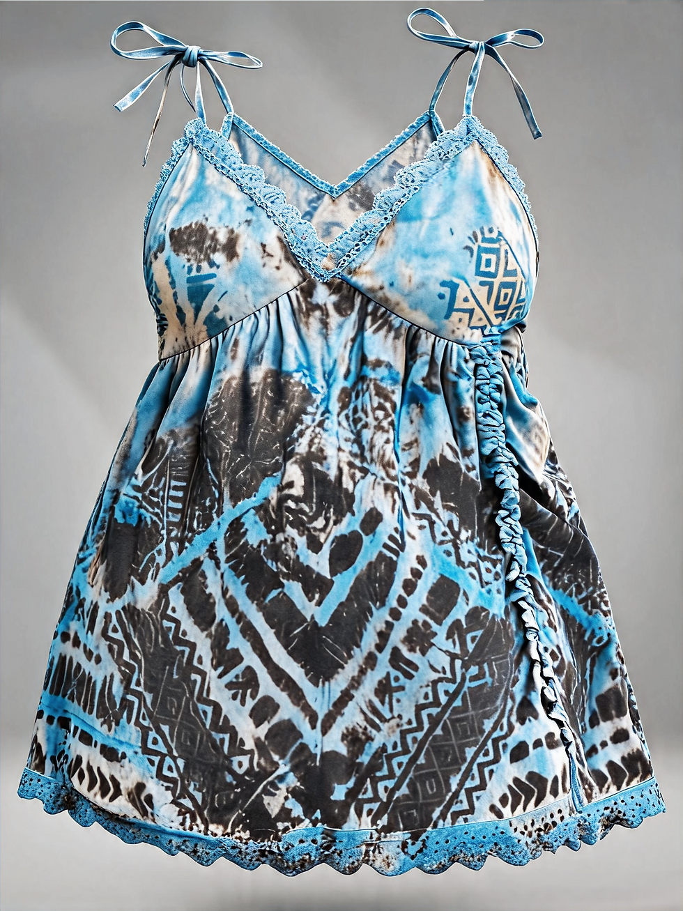 Handcrafted sky-blue babydoll mini dress by Nyiansu, featuring hand-painted Bogolan symbols and handmade braided details.
