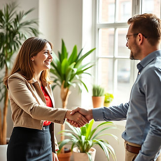 a business woman is shaking hands with a business man smiling and agreeing on the company