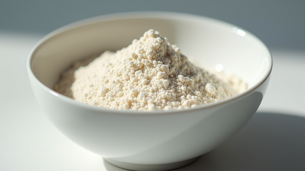 Close-up view of creatine powder in a white bowl