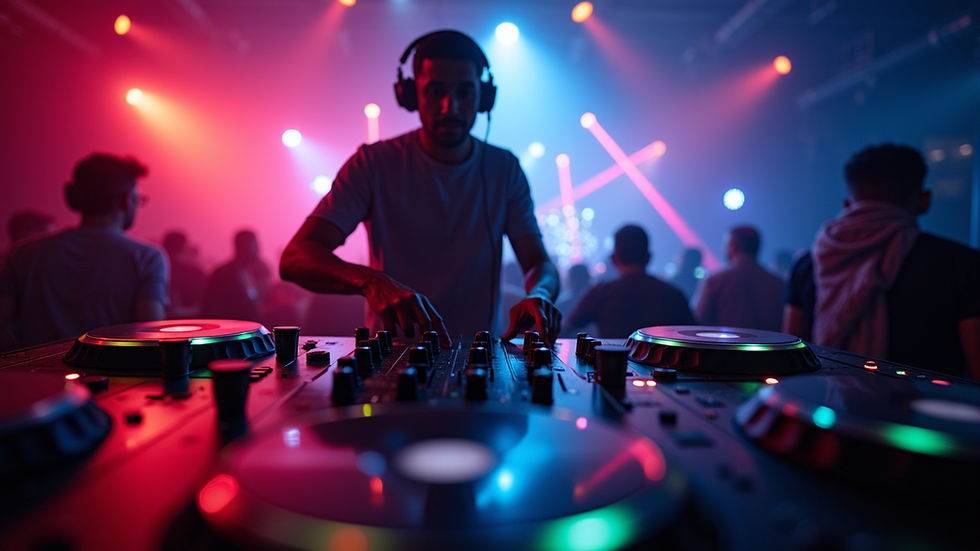 Eye-level view of a DJ mixing music at a party with colorful lights
