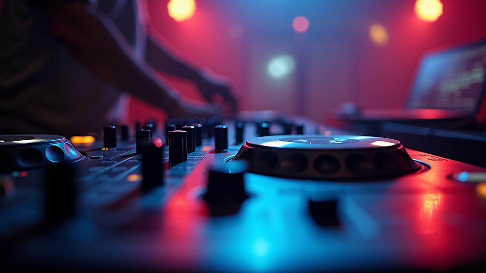 Close-up of DJ controller with colorful lights during a live set