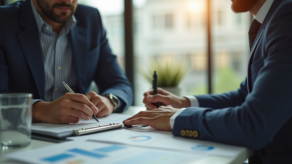 Close-up view of a financial consultant discussing strategies with a business owner