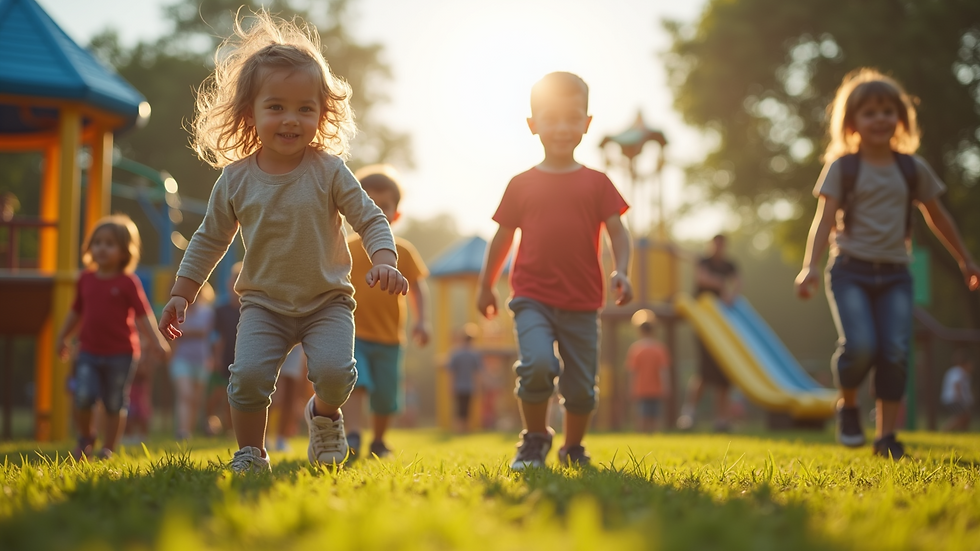 Eye-level view of the play area with kids enjoying outdoor activities