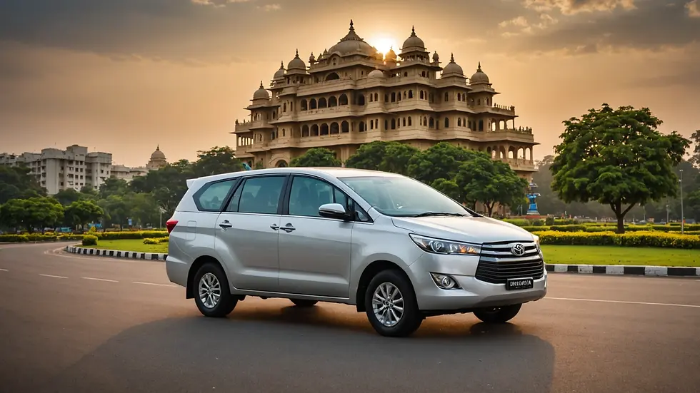 Wide angle view of a Toyota Innova parked next to a famous Bangalore landmark