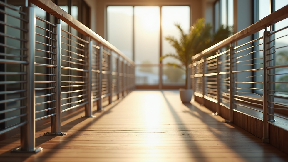Wide angle view of a beautifully integrated stainless steel and wood railing design