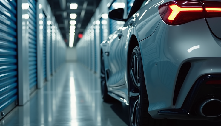 Close-up view of a parked car inside a secure storage unit with clean surroundings