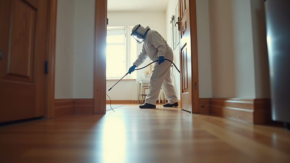 Eye-level view of a pest control technician applying treatment inside a home