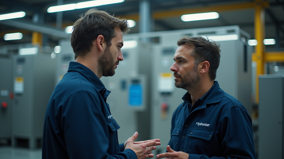 Eye-level view of a customer discussing with a Hydroenergiser technician