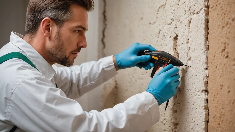 Close-up view of a pest control technician applying treatment to a wall