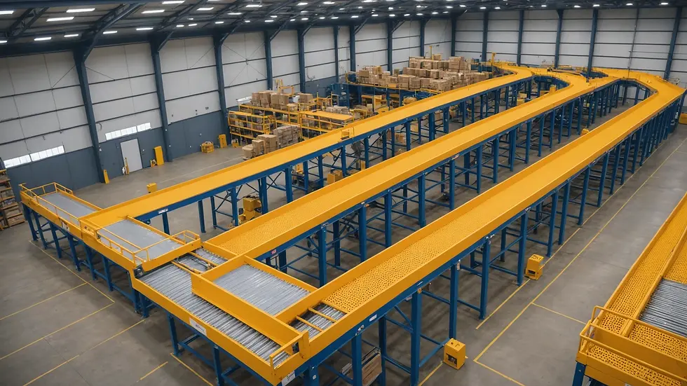 High angle view of a warehouse utilizing gravity roller conveyors for efficient operations
