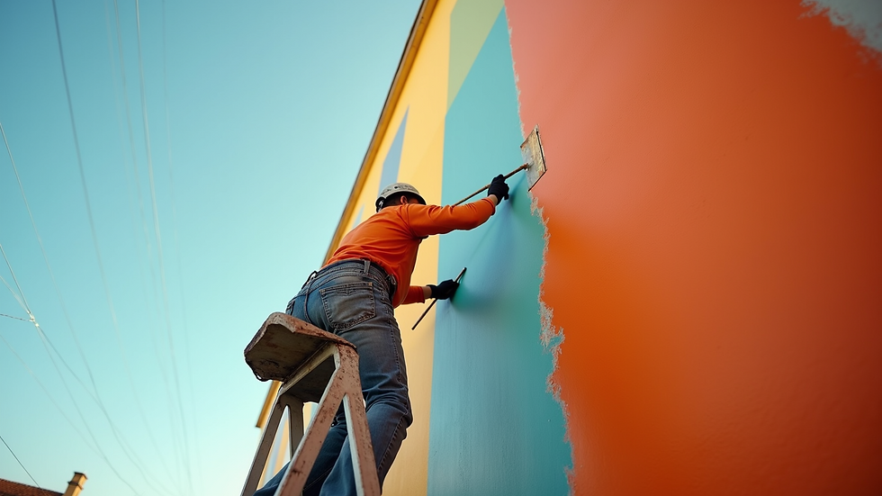Wide angle view of a painter carefully applying paint on a tall building