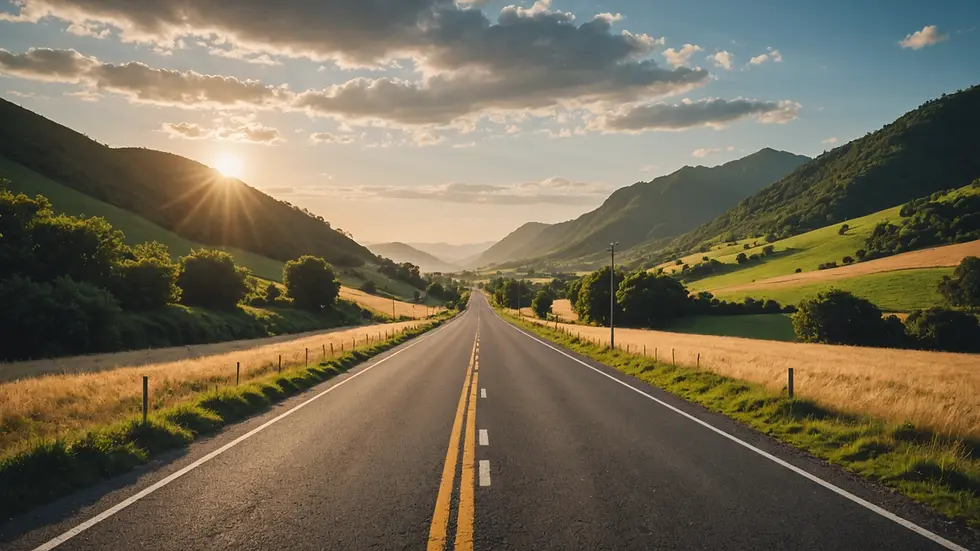 Eye-level view of a scenic road leading to a destination
