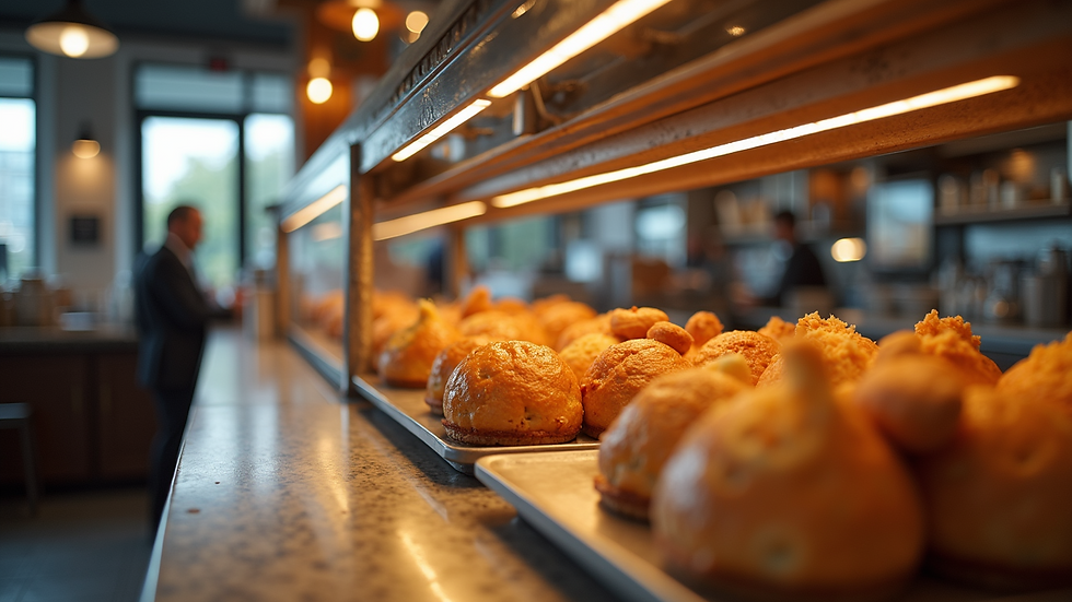 High angle view of warm food display counter with contemporary design