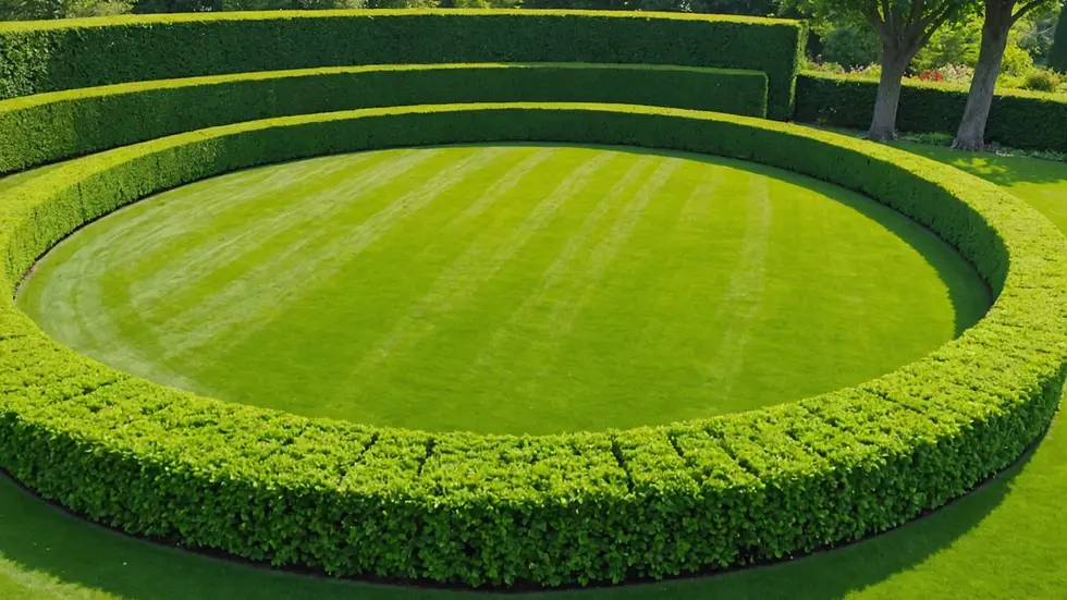Wide angle view of vibrant green lawn with well-trimmed hedges