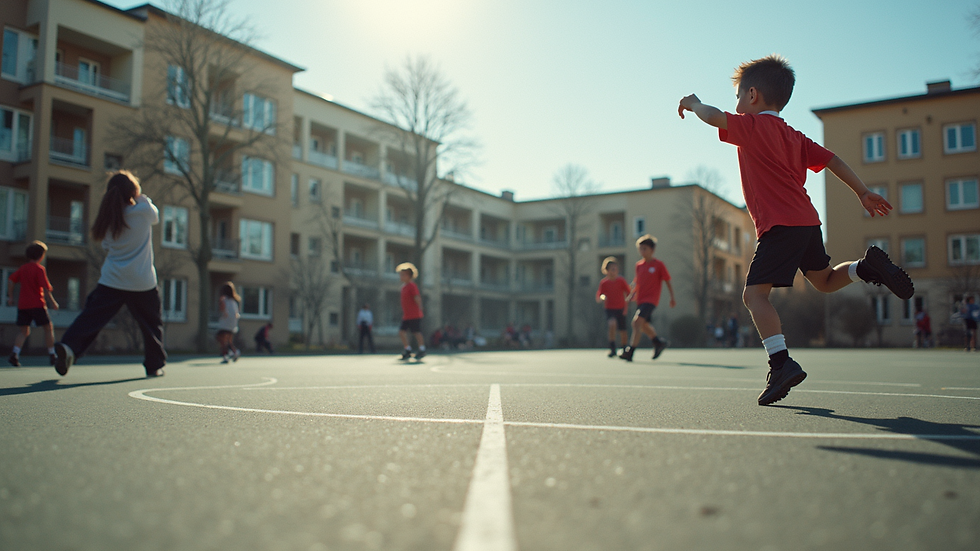 Wide angle view of the school playground with students playing sports