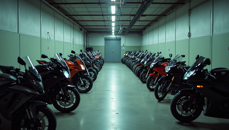 High angle view of a row of motorcycles parked neatly in a secure storage facility