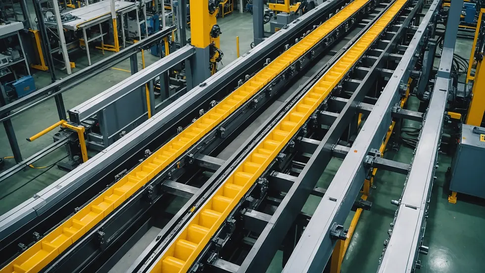 High angle view of a conveyor system in a manufacturing line