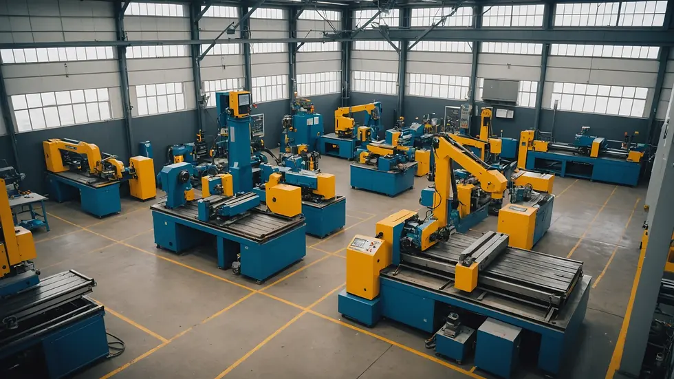High angle view of a workshop with automated machinery used in manufacturing
