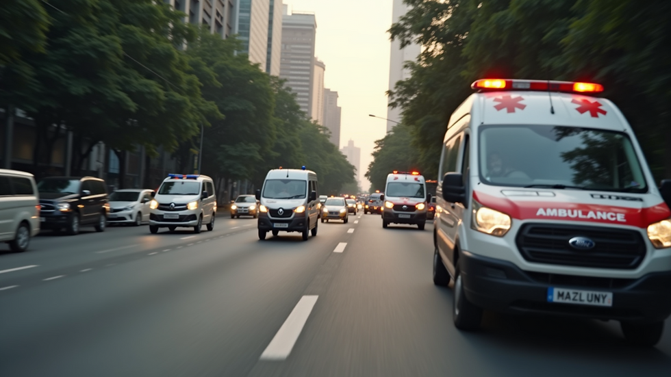 Eye-level view of Bangalore city traffic with an ambulance navigating the roads