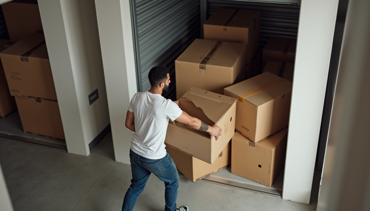 High angle view of a customer unloading boxes into a storage unit at Avati Safe Storage