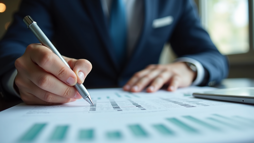 Close-up view of an auditor examining financial documents