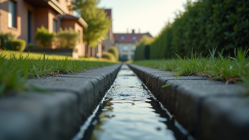 Wide angle view of a clean, residential drainage setup