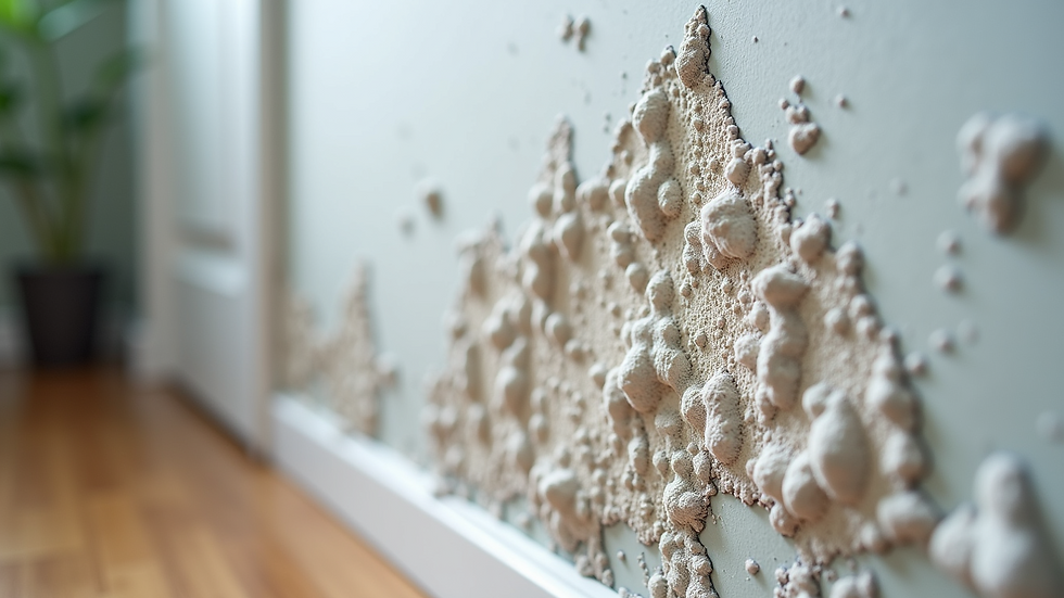Close-up view of white mold on a damp wall